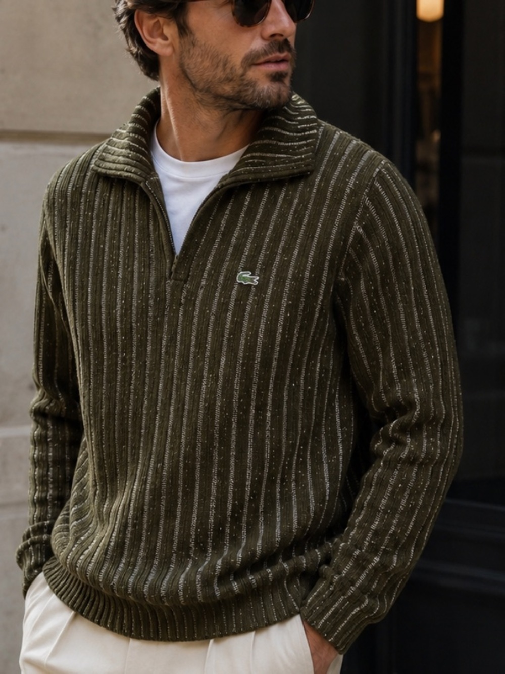 Lacoste Men's Olive Green Ribbed open neck Sweater XL